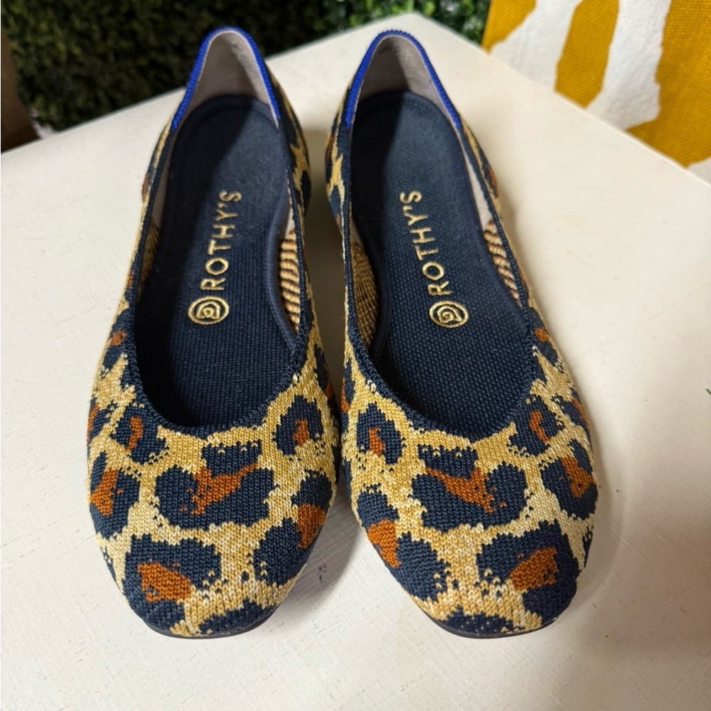 Rothy's Blue and Tan Leopard Flats